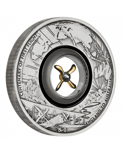 Australien 2019  Erster Flug England - Australien   Silber 2  oz Antik Finish mit rotierendem Propeller