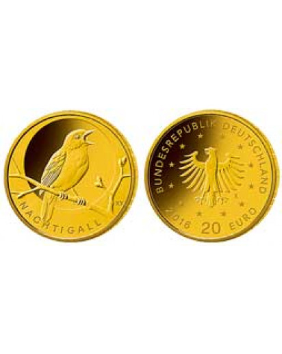 BRD 2016 D Nachtigall   Serie: Heimische Vögel 20 € Goldmünze D = München