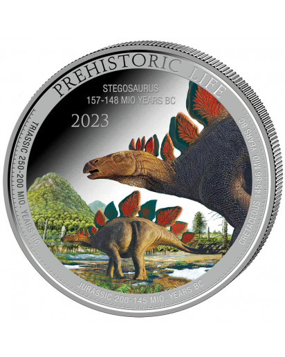 Kongo  2023   STEGOSAURUS - Dinosaurier  Silber 1 oz FARBE Congo