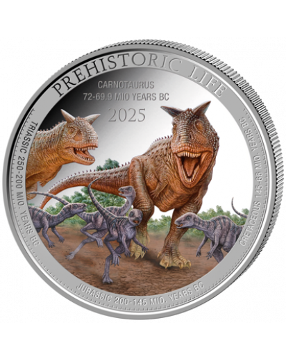 Kongo  2025 CARNOTAURUS  -  FARBE   Prehistoric Life II  Silber 1 oz  Congo
