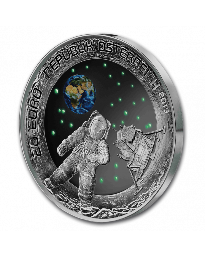 Österreich 2019 Mondlandung - gewölbte Prägung - Farbe  Silber 20 € PP