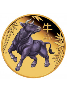 Australien 2021 Jahr des OchsenLunar Serie III Gold 1 oz FARBE polierte Platte